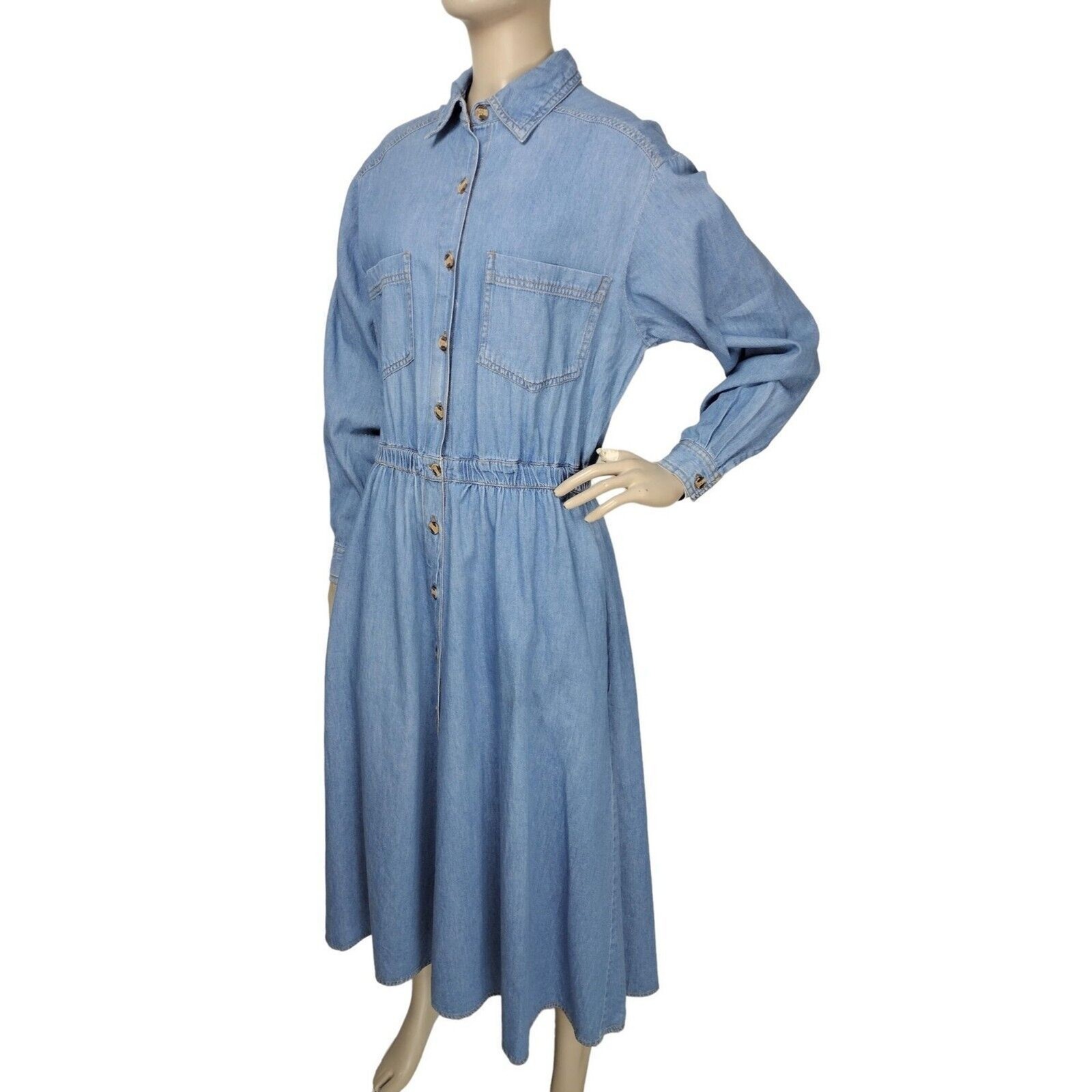 Vintage 90s Forenza 100% Cotton Blue Denim Long Sleeve Shirt Jean Dress Size 14W
