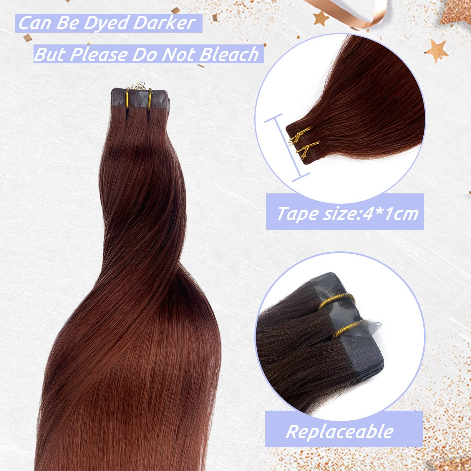 Remy Human Hair Tape-in Extensions #33 Dark Auburn Seamless Skin Weft