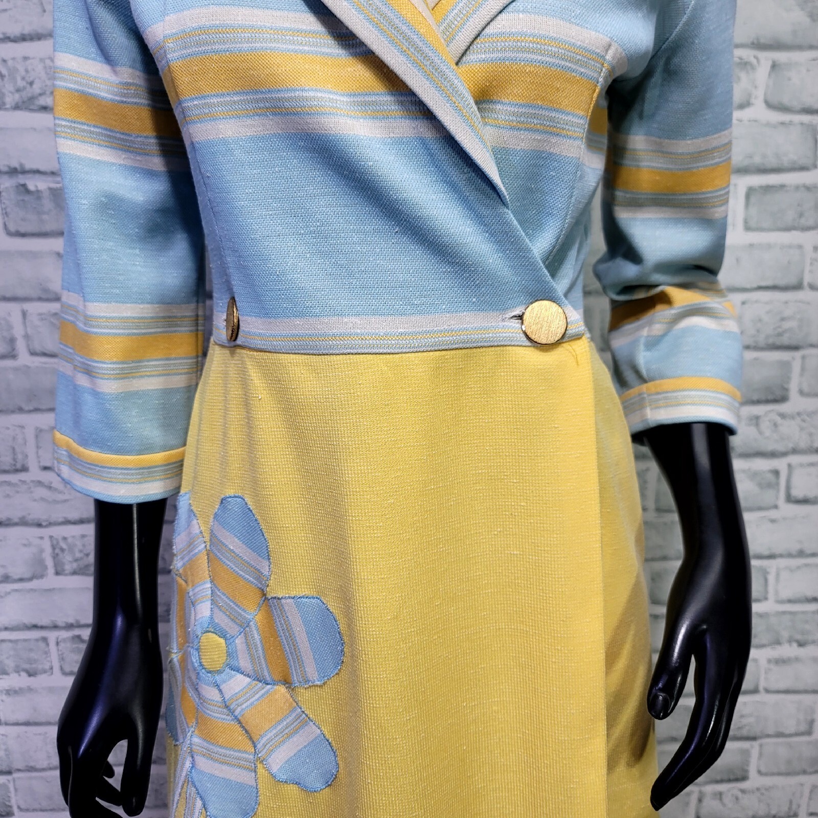 Vintage 60s 70s Maxi Dress Yellow Blue Striped Floral Applique Shawl Collar Mod