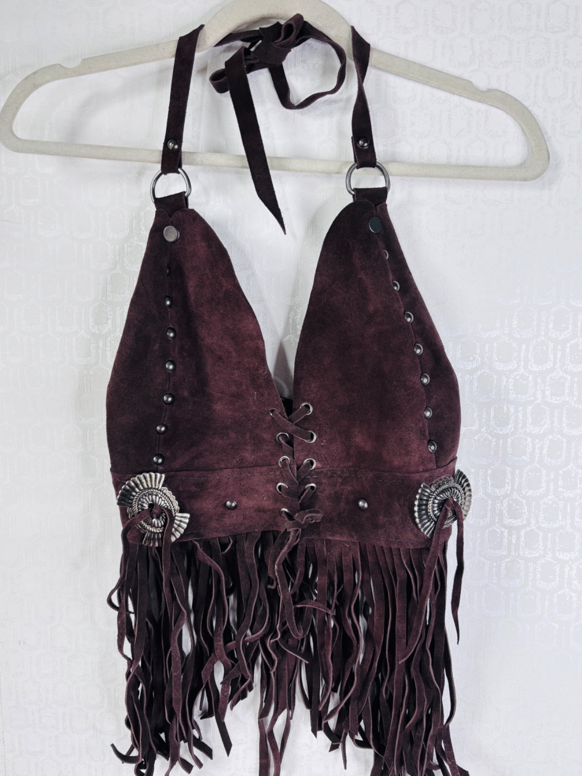VTG Y2K DK BROWN SUEDE SILVER RIVET FRINGE HALTER CROPPED TANK TOP*S/M