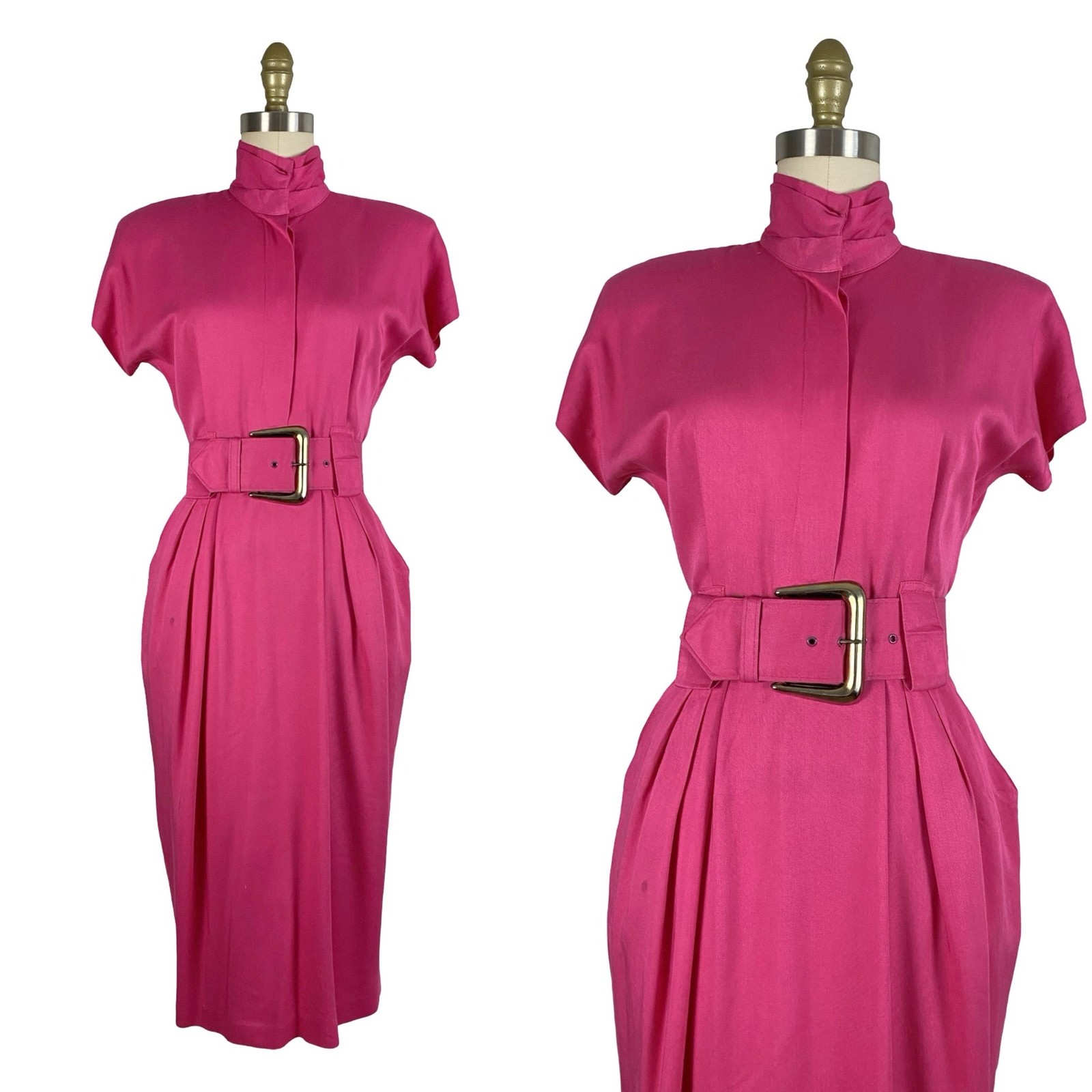 Vintage 1980’s Hot Pink Rayon Power Dress with Belt by Rabbit Designs | Size S