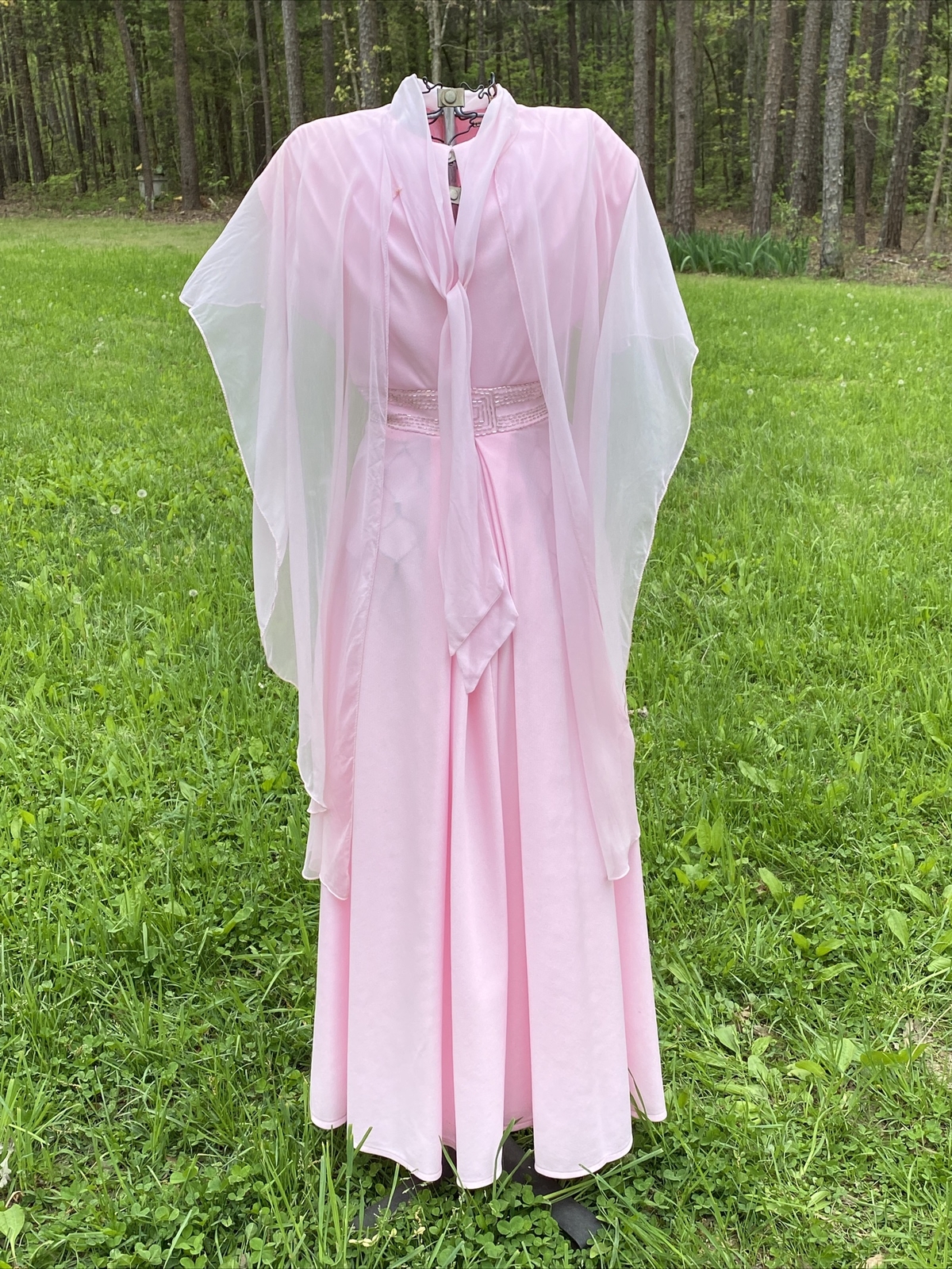 1970s Pink Double Knit Polyester Evening Gown Maxi Dress 9/10