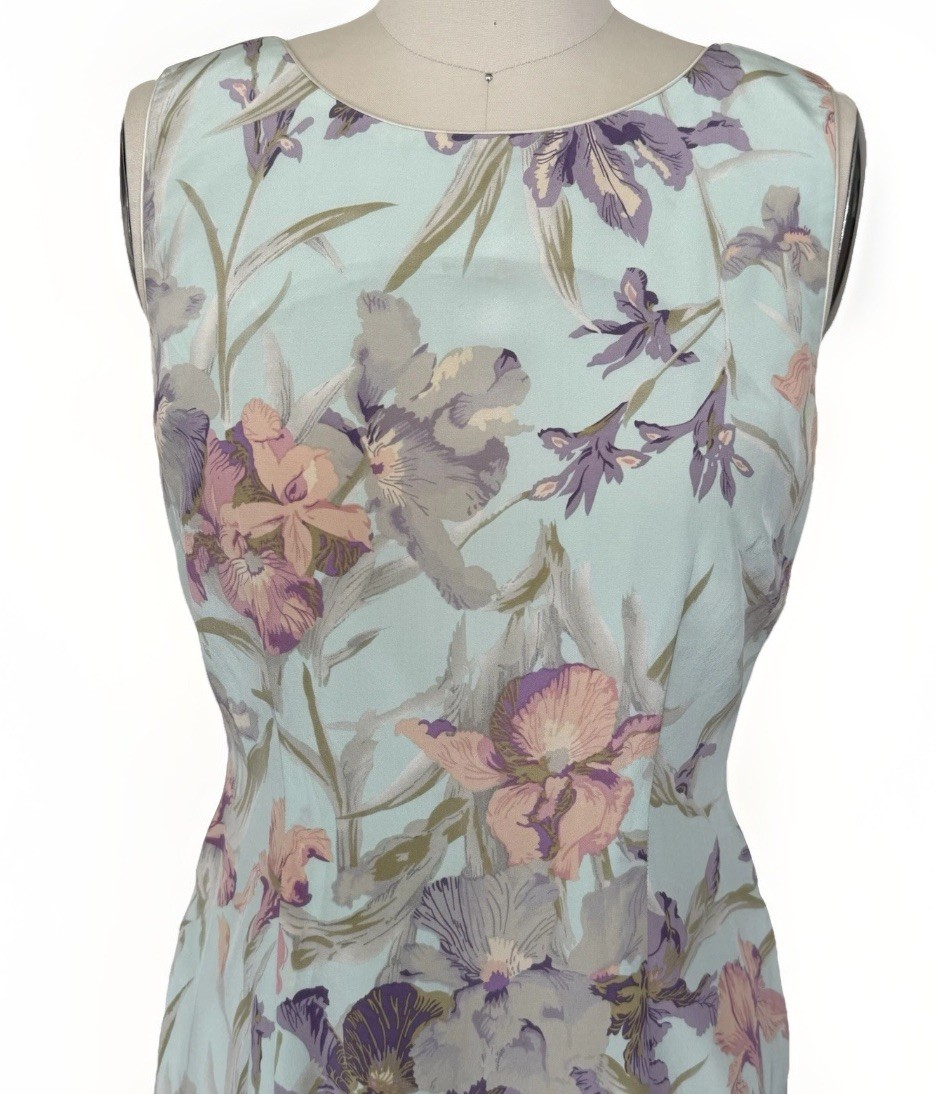 VTG Women’s Sz 6 100% Silk Floral Sheath Lined Dress Pastel Iris Print Y2K EVC