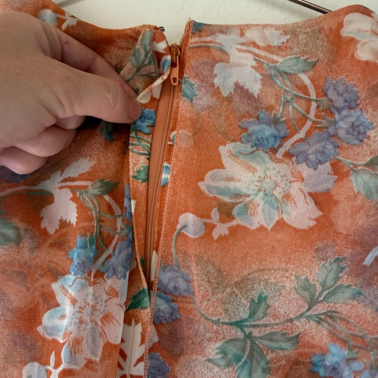 Vintage 1970s Orange Floral Print Maxi Dress Capelet Flutter Sleeve