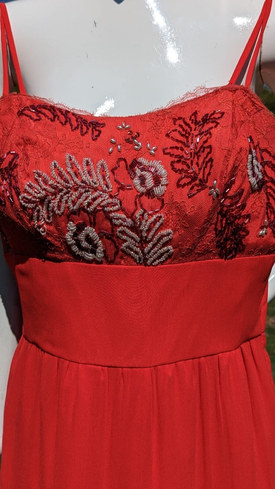 VINTAGE 1940’S LIPSTICK RED BEADED CREPE LONG DRESS 