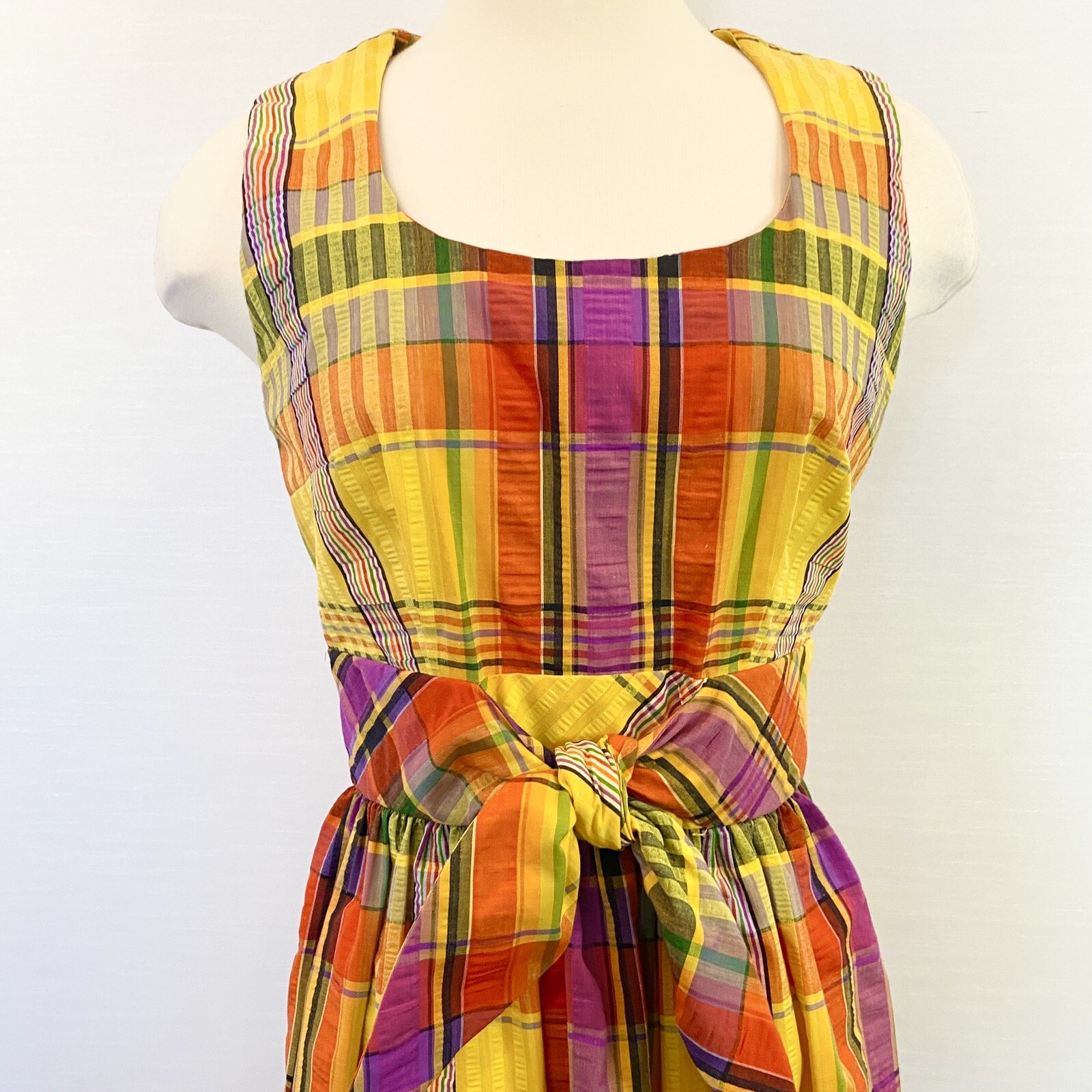 Vintage SWIRL Concept 70s Yellow Orange Madras Plaid Maxi Gown Long Column Dress