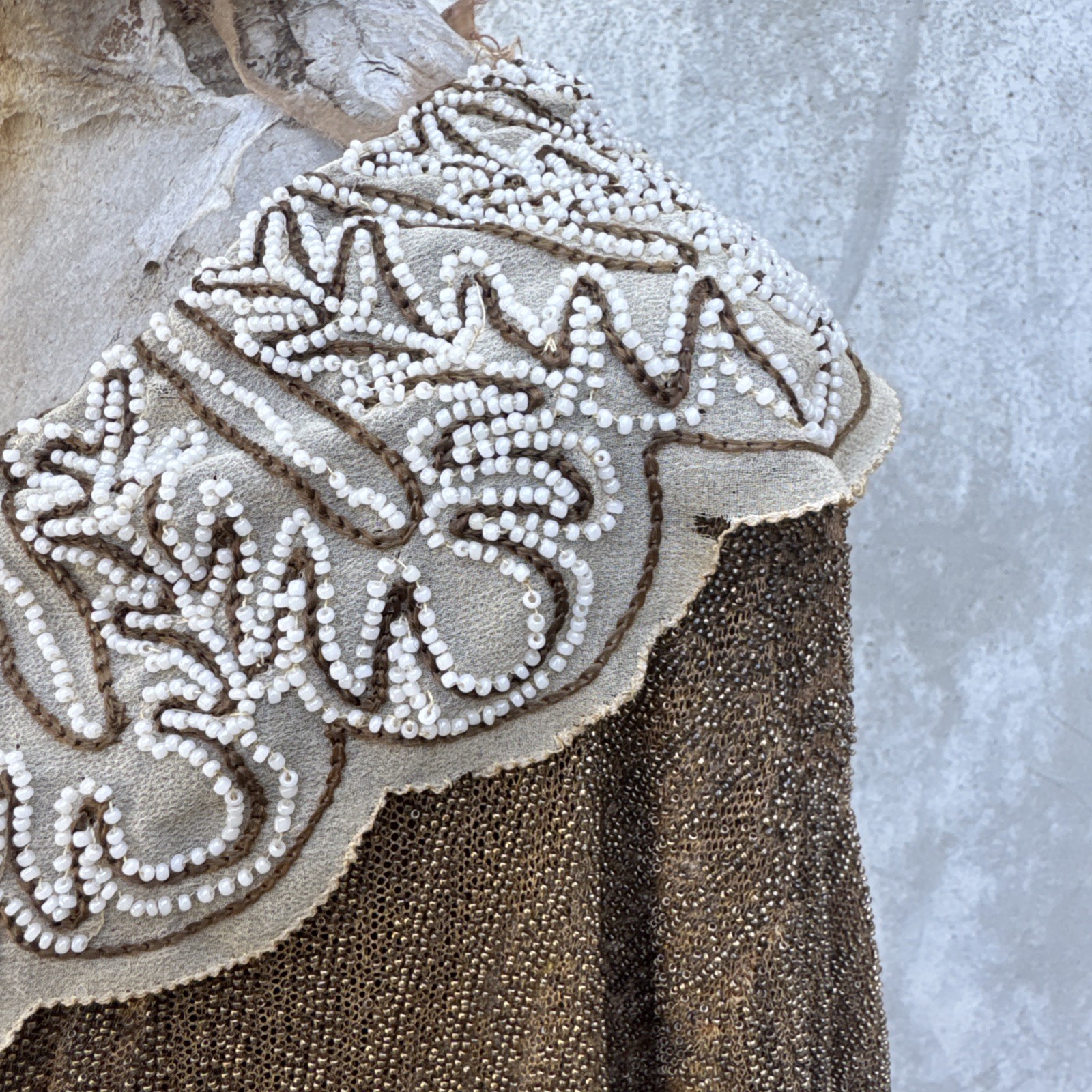 Antique 1920s Completely Beaded Gold Coat Scalloped Hem Art Deco Net Vintage