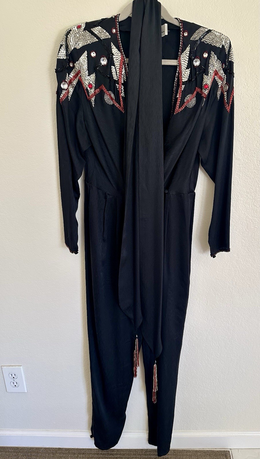 Vintage Lillie Rubin Silk Beaded Jumpsuit Black Sequin Size 8 Hong Kong W Scarf
