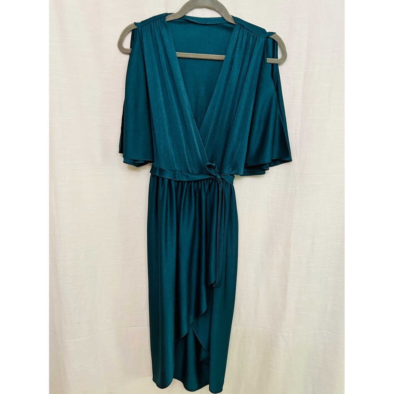True Vintage Circa 1970’s Teal Wrap Midi Dress with Flutter Sleeves