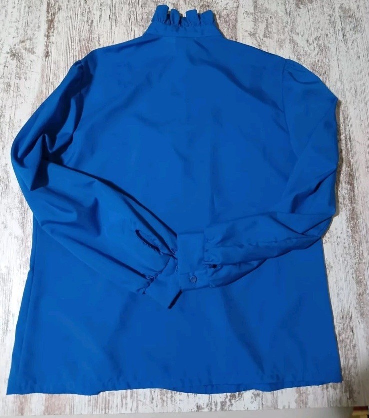 Vintage 80s Blouse Victorian Ruffles Royal Blue Button Up Shirt Luxury Pretty 12