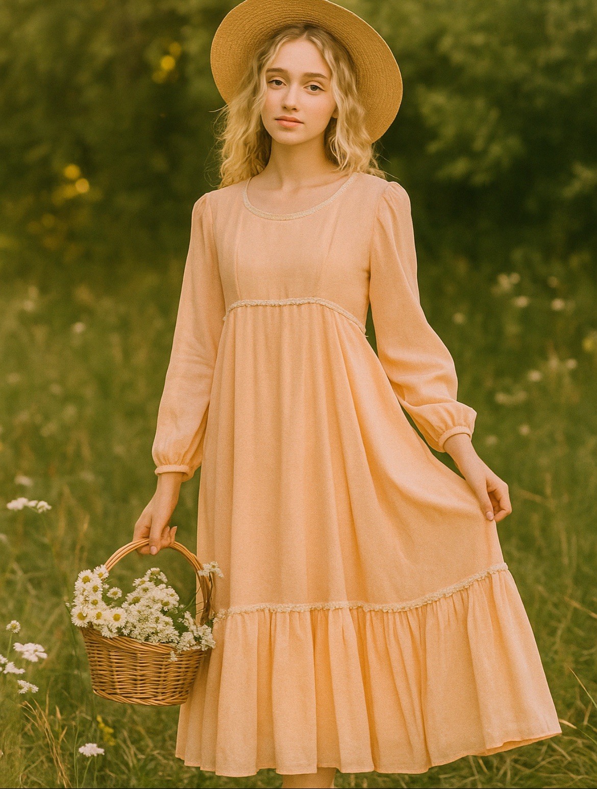 VTG Romantic Cottagecore Fairycore Boho Prairie Dress White Trim Peach Sz XS-S