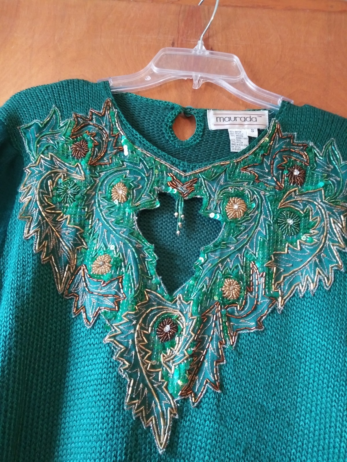 Vtg 80’s Maurada Emerald Green Beaded Pullover Sweater Small