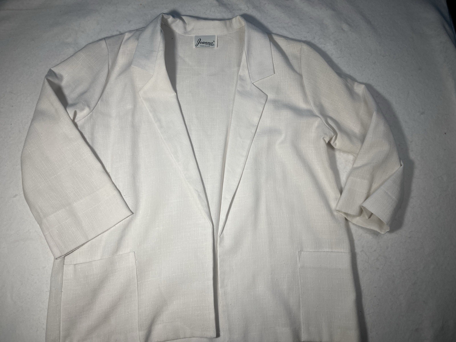 Vintage Joanna USA White Linen Look Open Front Blazer Jacket Lightweight Career