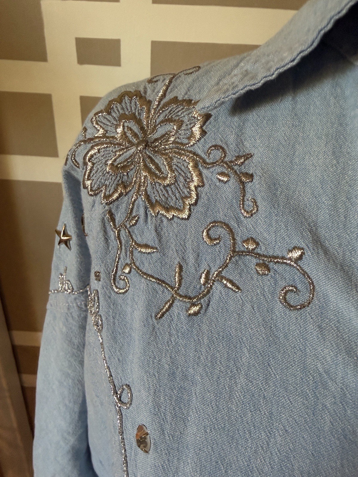 RARE VTG H BAR C California Ranchwear 1970s Water Women’s Shirt Silver Embrdry M