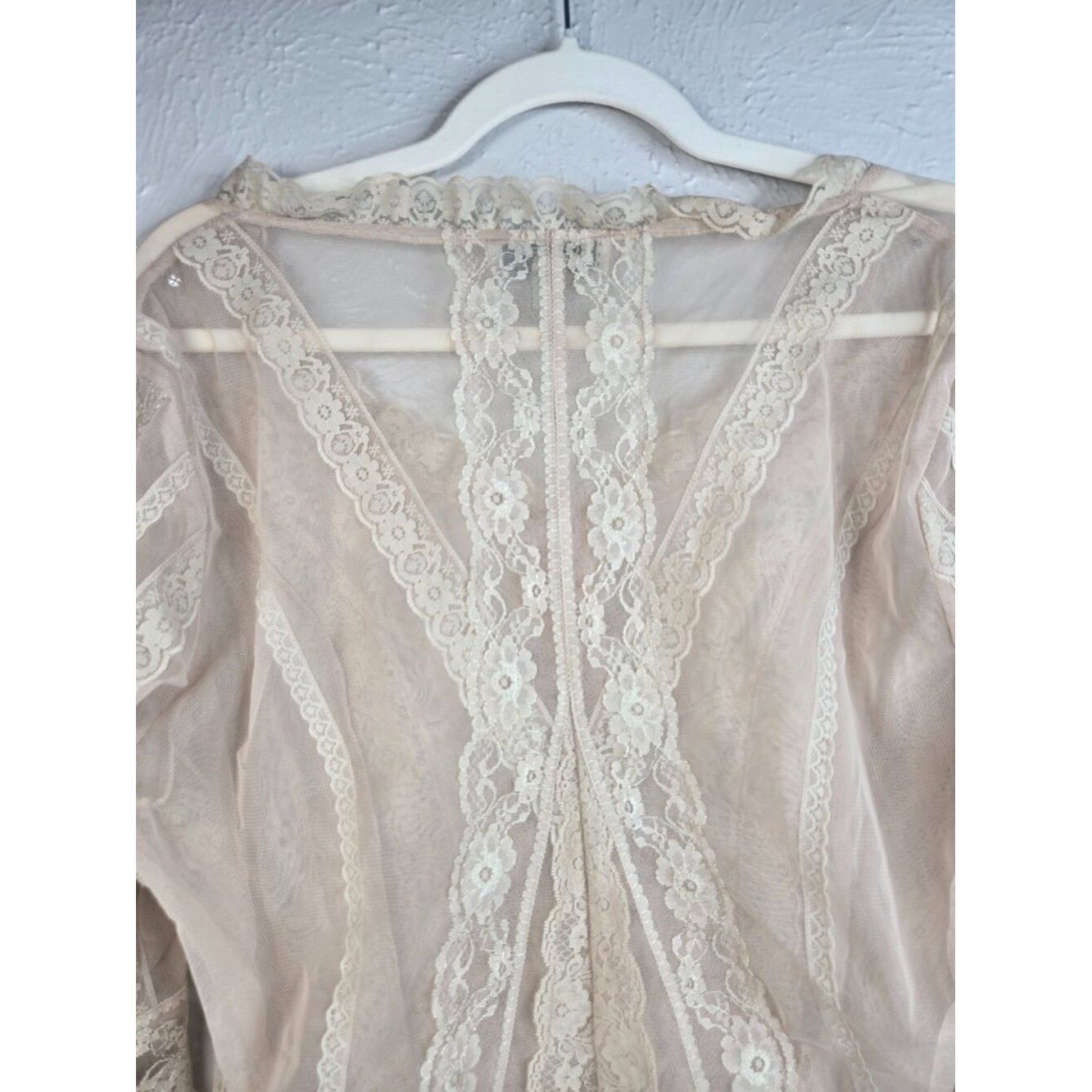 VTG Lacey Ruffle Blouse Tan Sheer Floral Lace Bell Sleeve Top Victorian Coquette