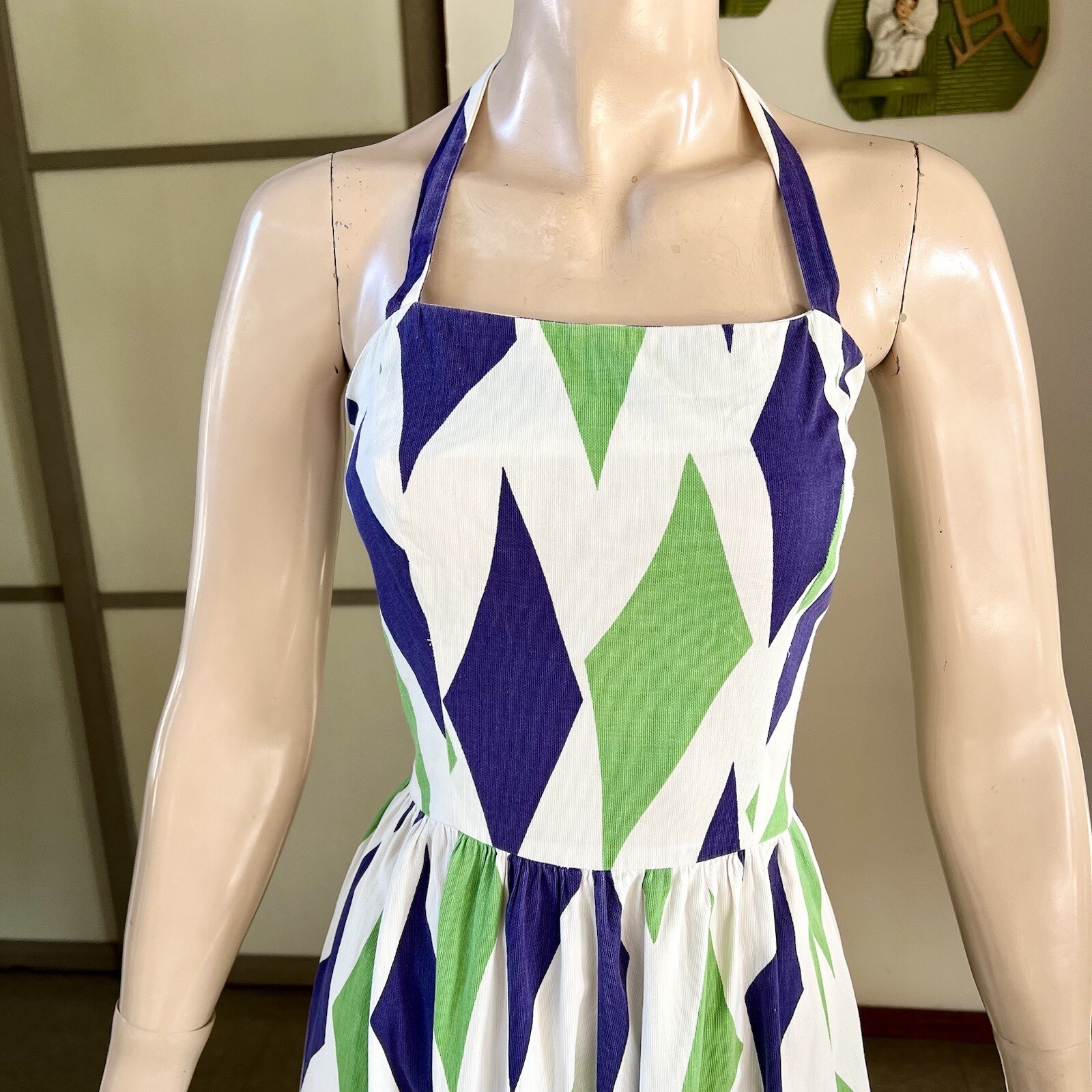1950s or 60s vintage harlequin print cotton halter sun dress 27w