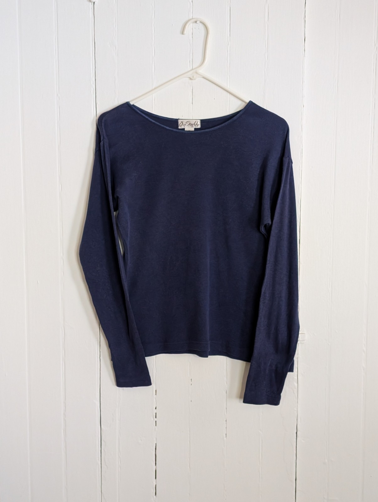 Vintage One Step Up Navy Blue Long Sleeve Blouse Women’s Size Large Cotton Blend