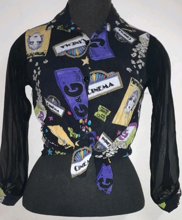 Vtg 80s 90s Movie Amy Byer RARE Cinema Noir Popcorn Print Sheer Sleeve Blouse XS