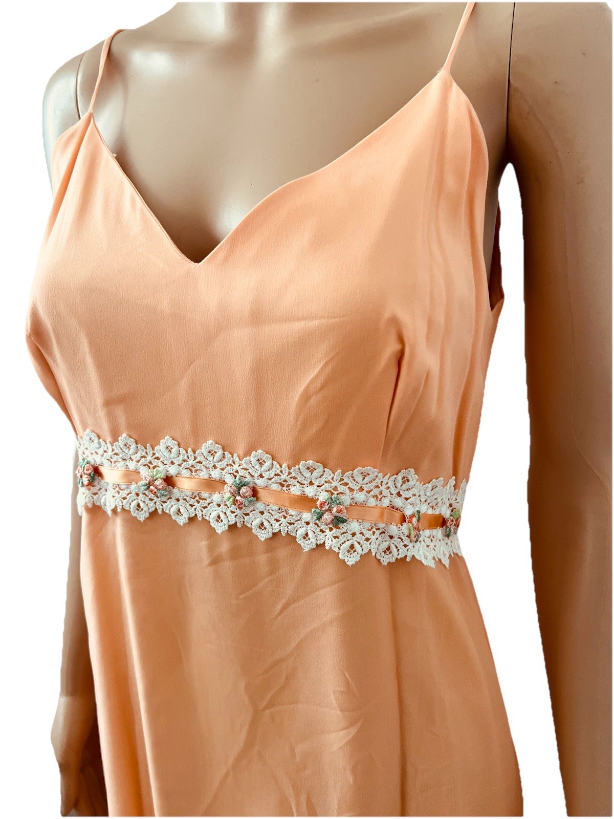 VTG 60s Peach Chiffon Maxi Dress Capelet Floral Lace Ribbon Trim Hemline Damage