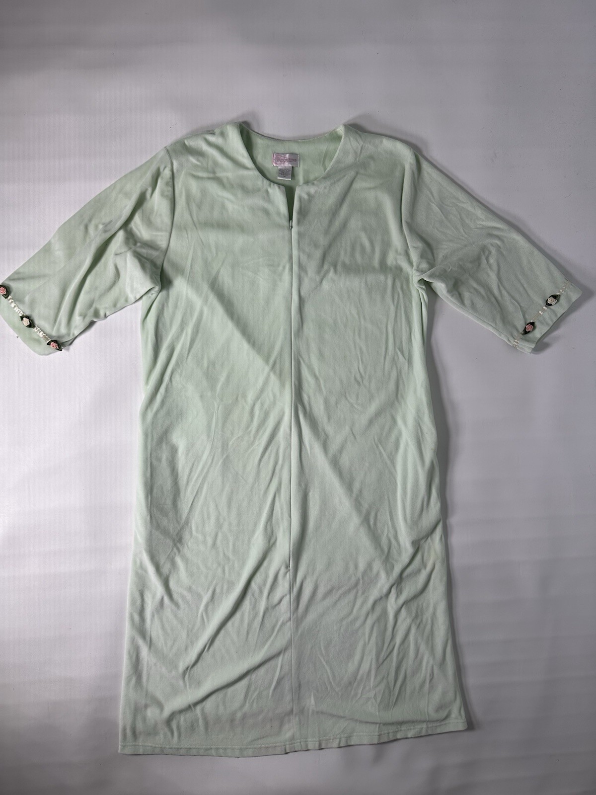 Vintage Shadowline Robe Velour Roses Mint Green Size M Zip-Up Housecoat