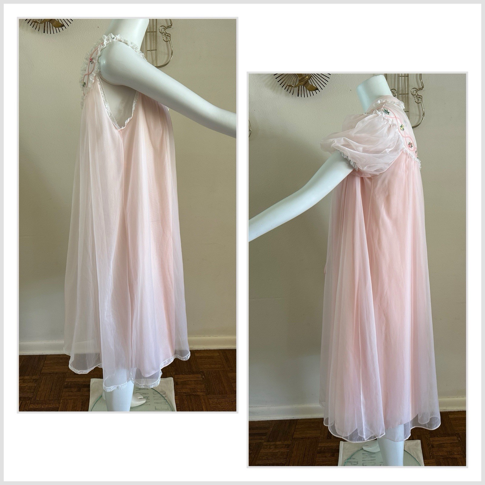 1960s Gotham Pink Nylon Peignoir Set Babydoll Chiffon Lace Lingerie Robe M VTG