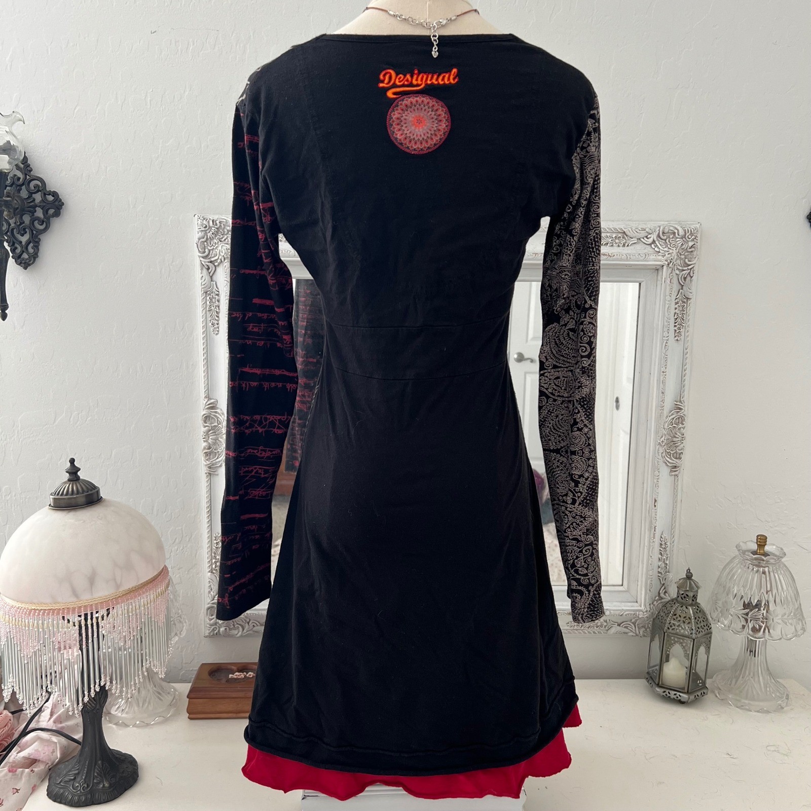 vintage desigual all over graphic patterned long sleeve babydoll mini dress