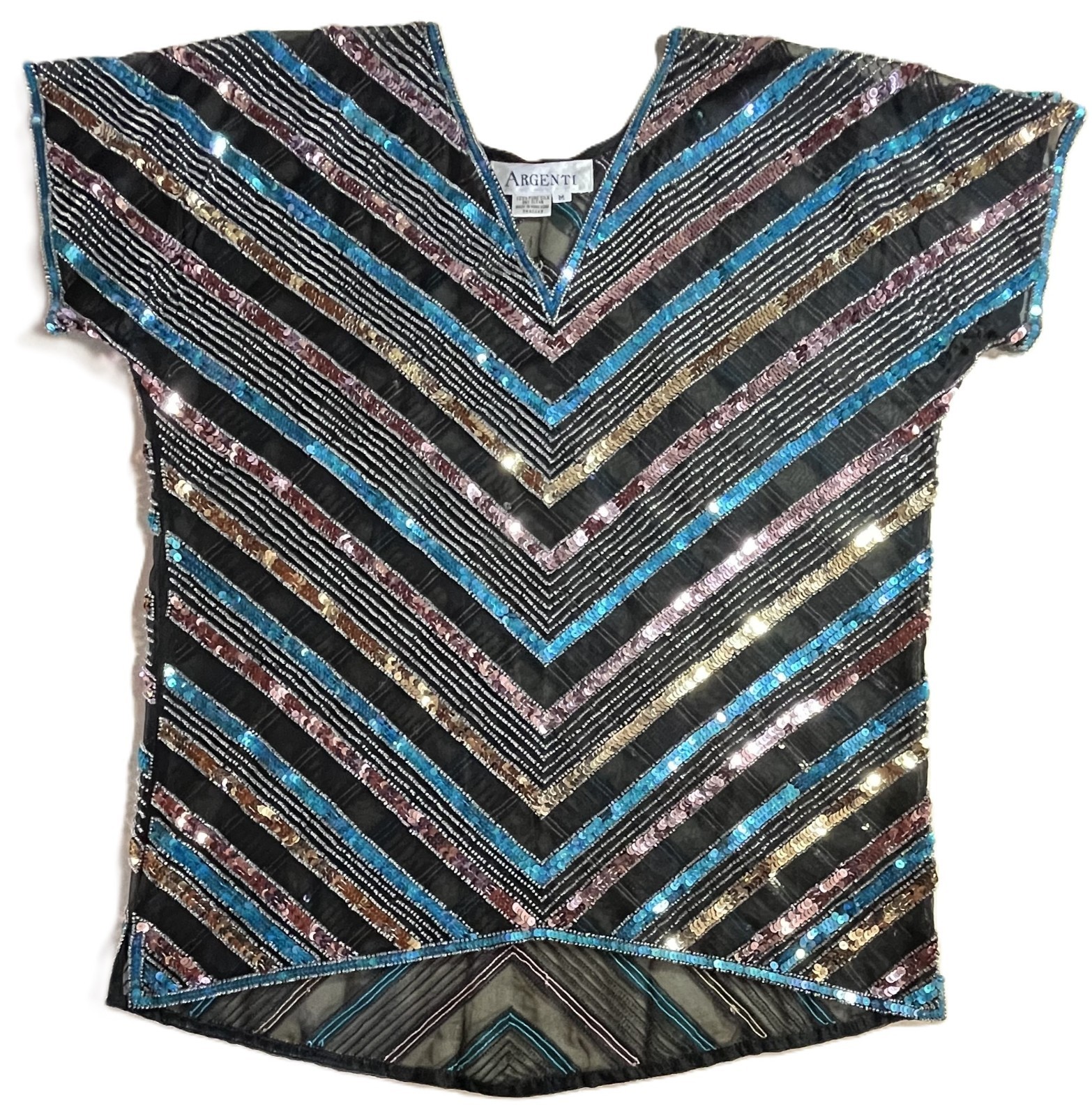 1980s Club Scene Black & Blue & Silver Sequin Silk Blouse by Argenti Size Medium