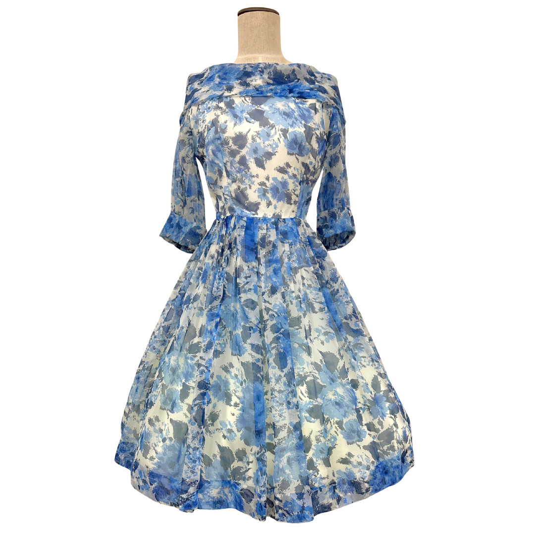 Vintage 1950s Blue Floral Chiffon Fit n Flare Tea Party Boat Neck Dress