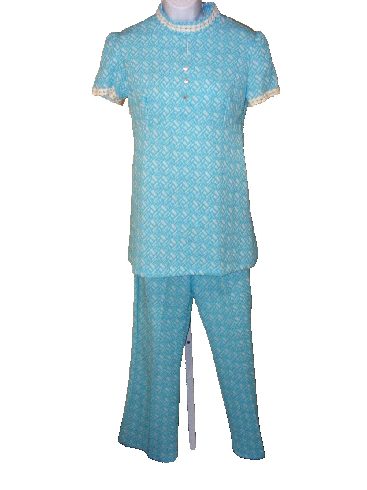 70S 2PC PANTS SUIT DEADSTOCK BLUE WHITE TEXTURE POLYESTER ELASTIC PANTS MINI TOP