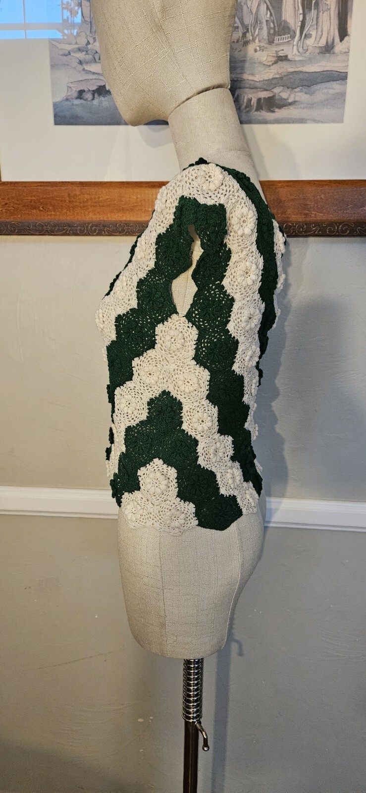 Vintage Green And Cream Handmade Crochet Top As Pictured
