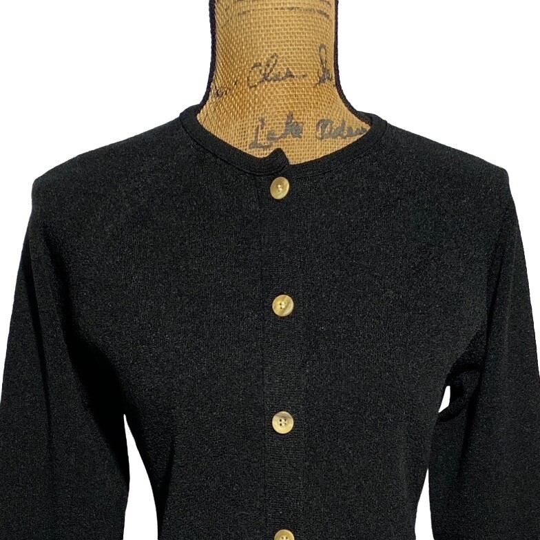 Talbott Traveler VTG Cardigan Lady Sweater Dacron Knit S M Solid Black Dacron