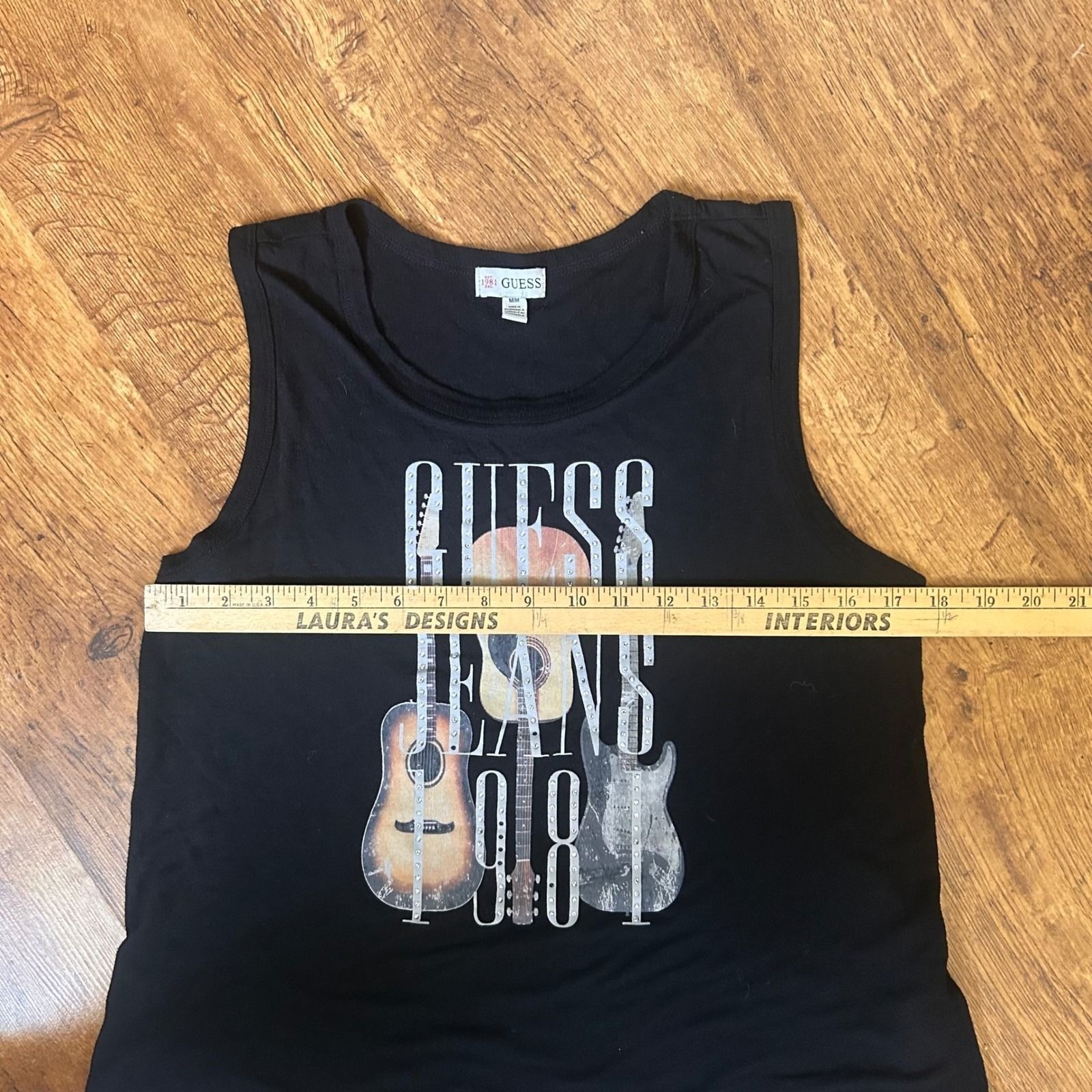 97. Guess Jeans 1981 Guitar Graphic Tank Top Black Rhinestone Y2K rock n roll