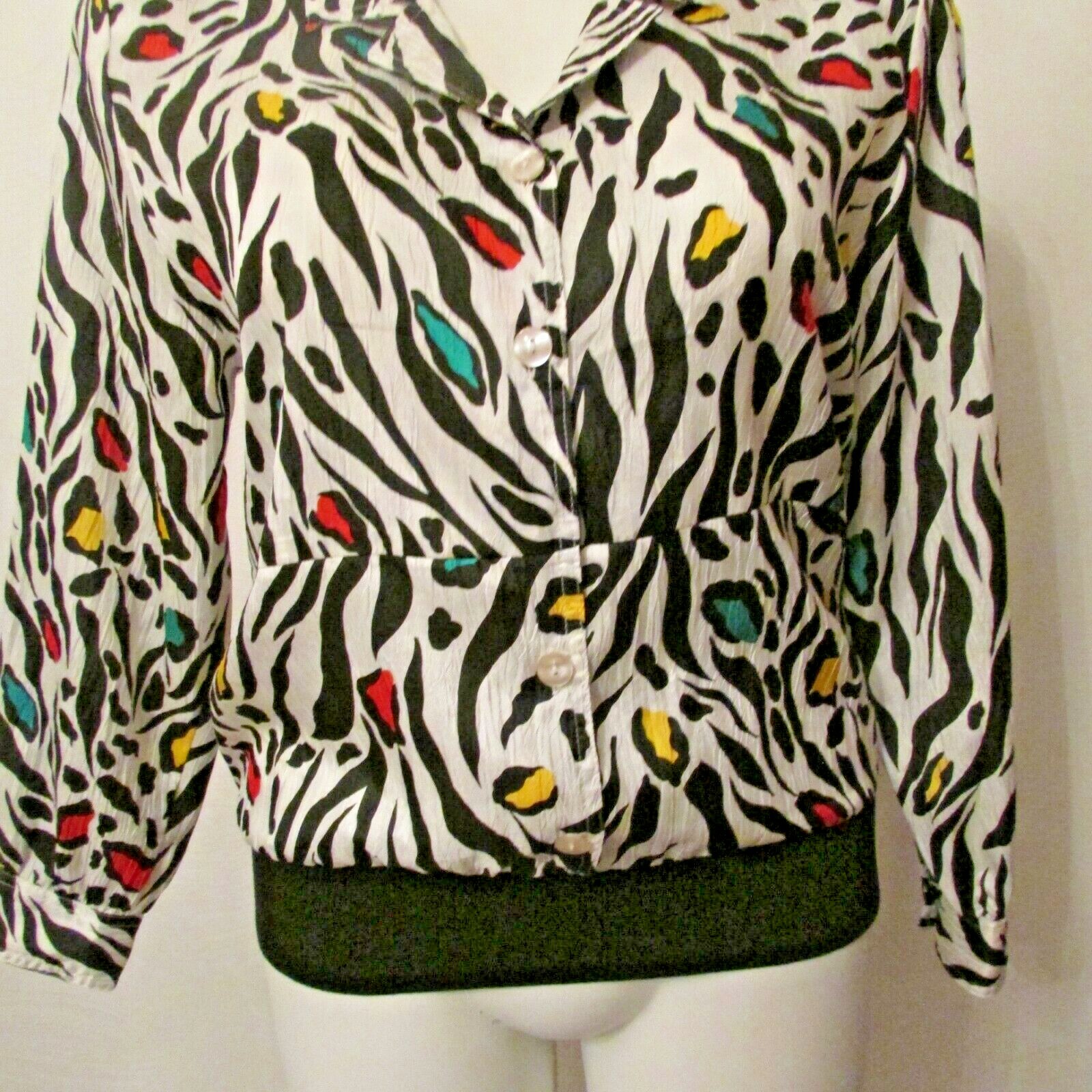 Leslie Fay Separates Multicolor Zebra Print Button Up L/S Top Blouson Blouse M