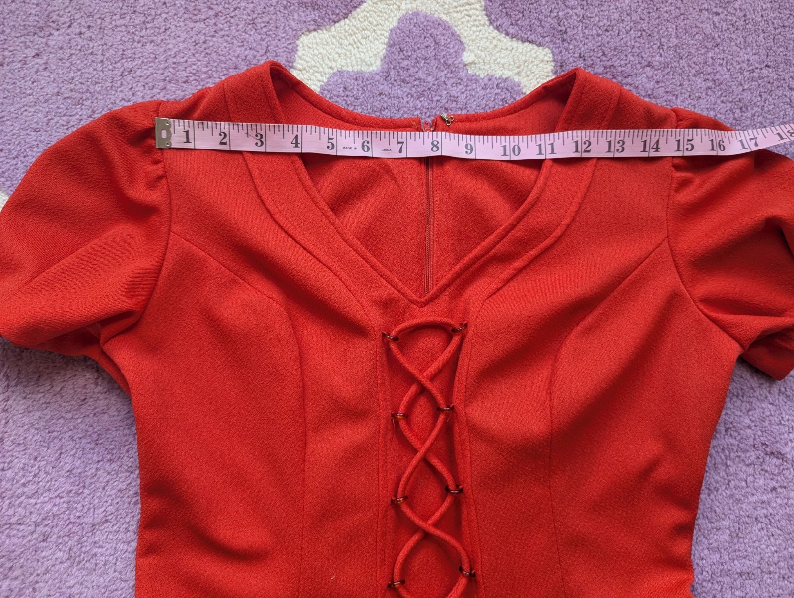 Vintage 70’s Lace Up Polyester Puff Sleeve Babydoll Mini Red Dress Size Small