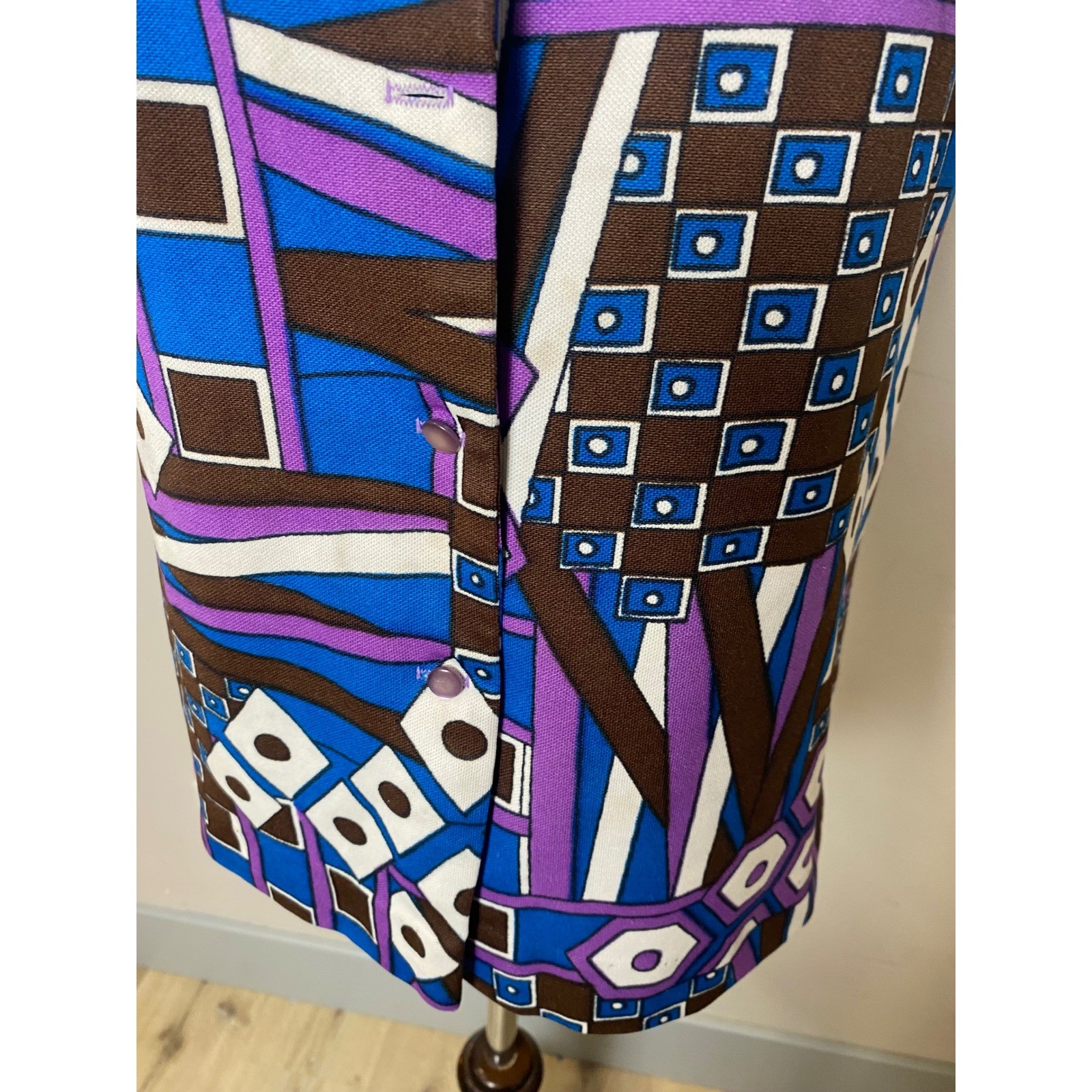 Vintage 60s Abstract Geometric Print Button Down Shirt Blue Purple Mod Top S/M