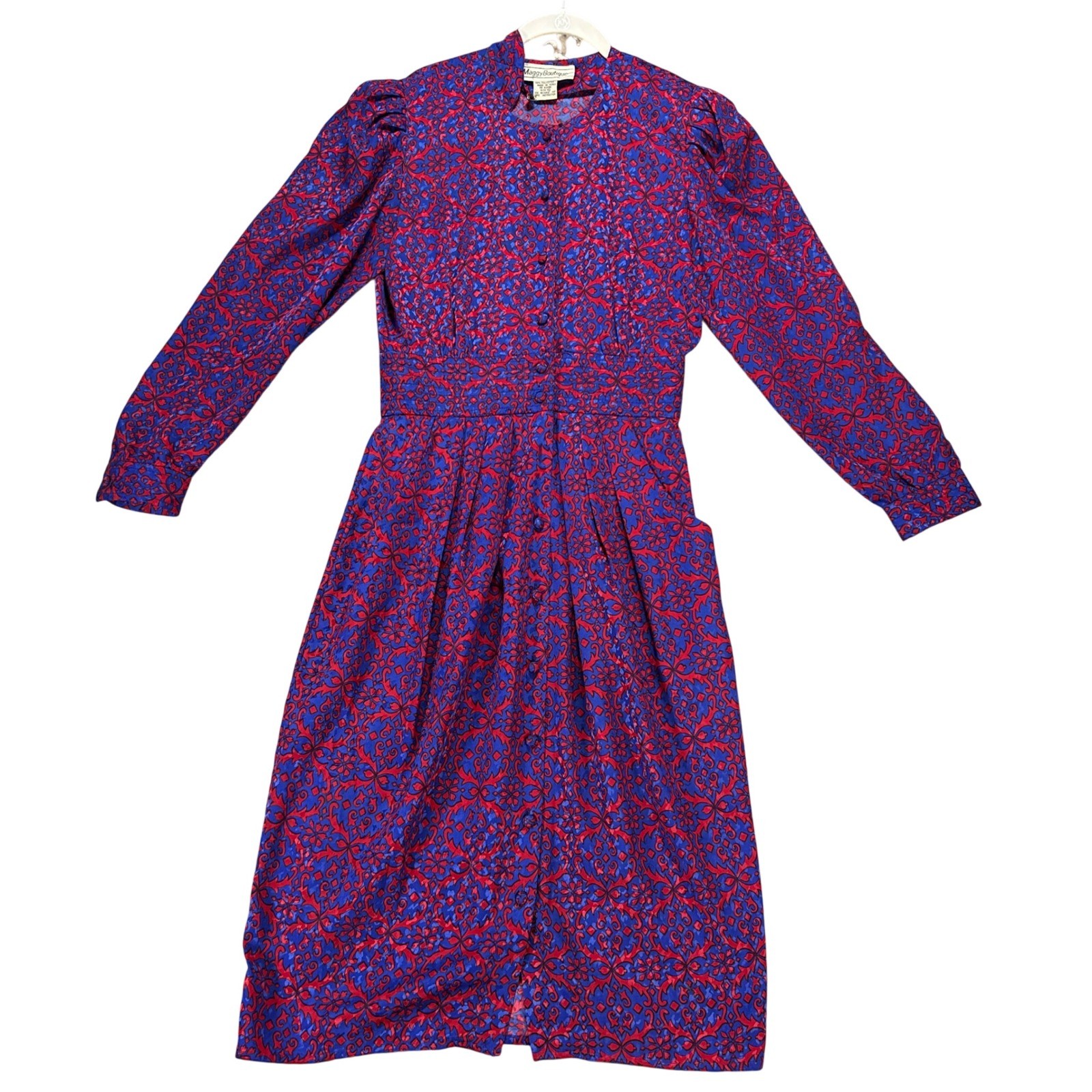 Maggy Boutique Midi Dress Womens 10 Blue Red Damask Floral Retro Cottage Vintage