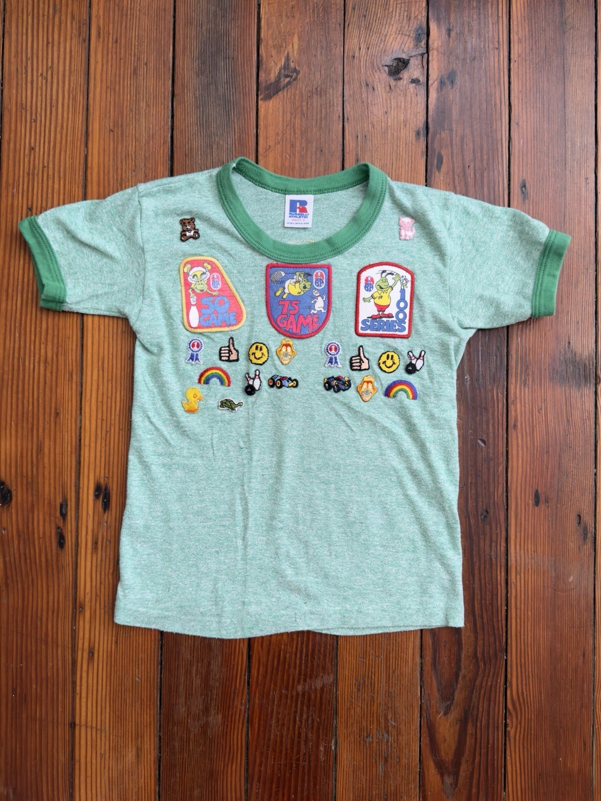 Vintage 80s Russell Atheltic bowling patches green on green ringer tee