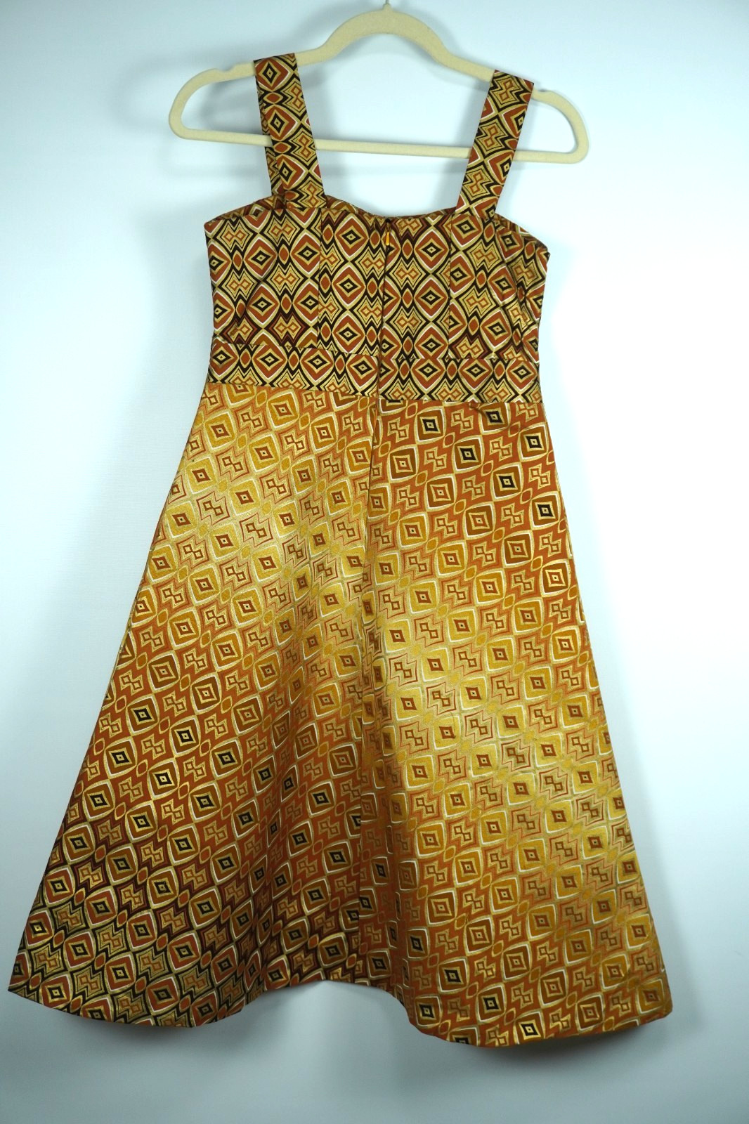 Retro 1960s Dress XS gold and brown boho retro empire style handmade Geometric