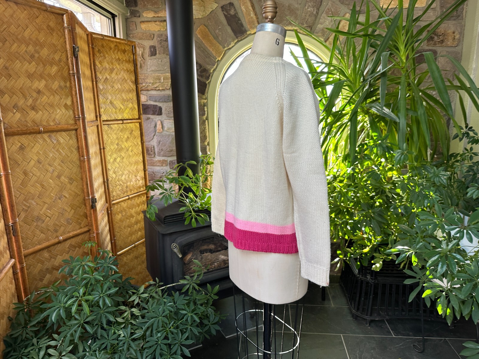 Vintage 1970s Ivory and Pink Embroidered Wool Crewneck Sweater