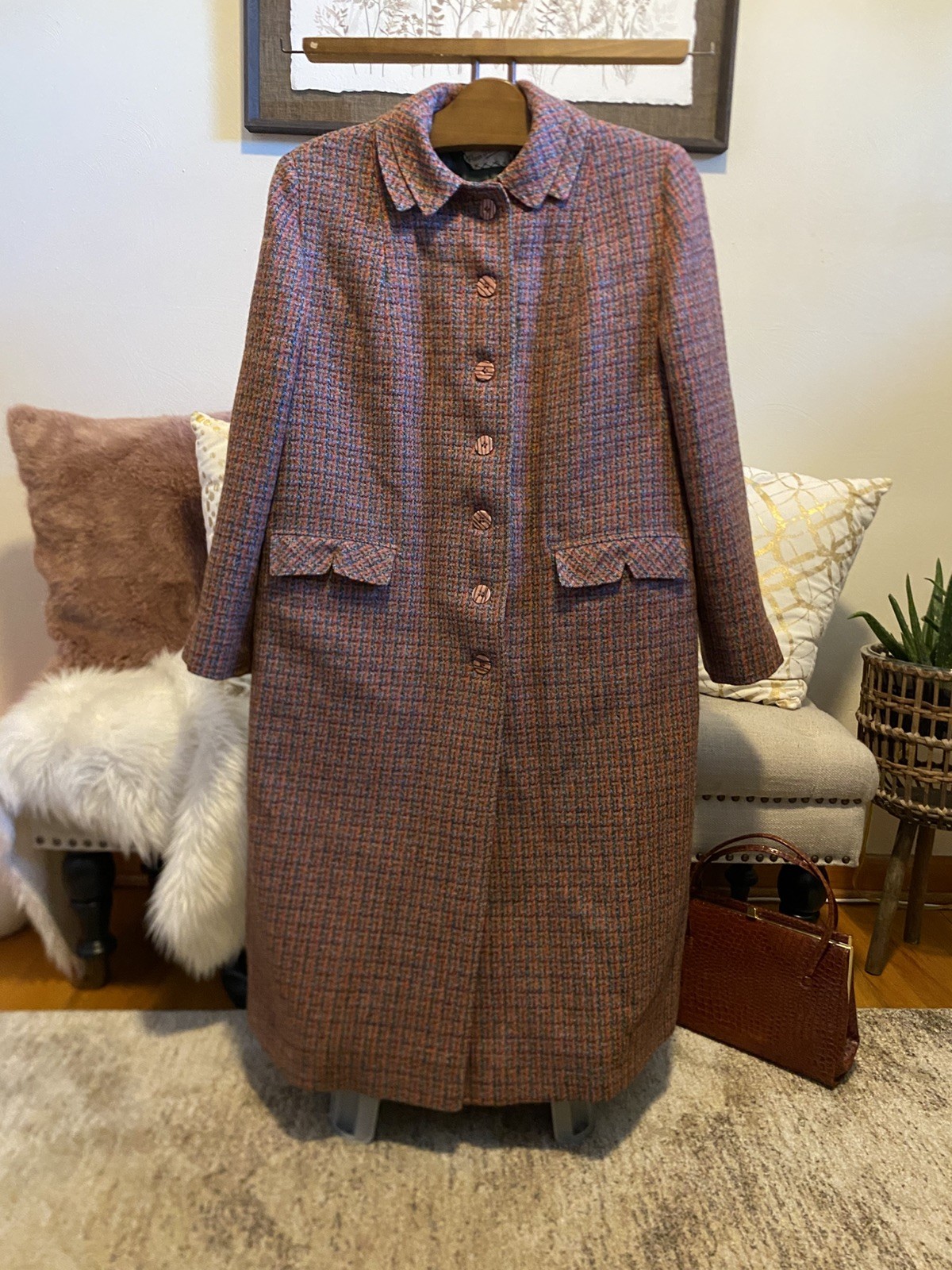 VTG Tar-Shire 1960’s Women’s Harris Tweed Wool Houndstooth Coat Size L XL EUC