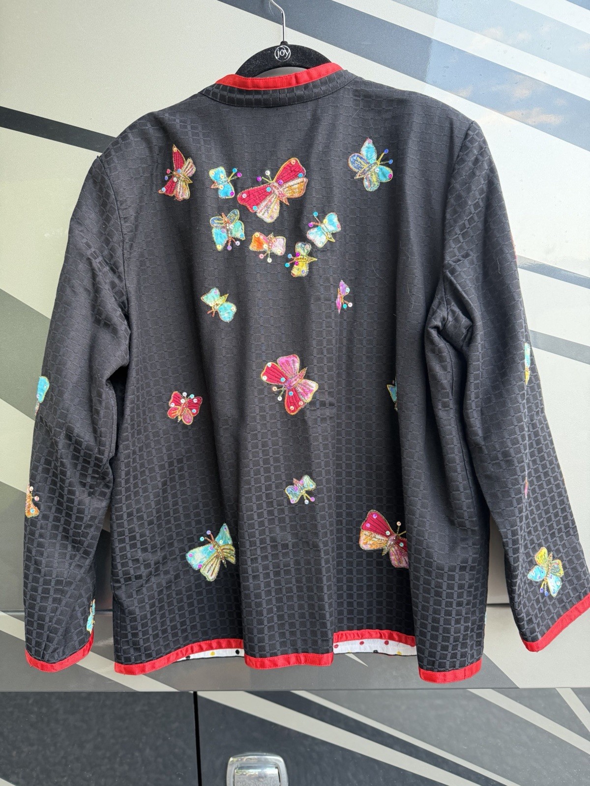 Vintage 80s Allure black embroidered butterflies sequins Asian blazer L glitter