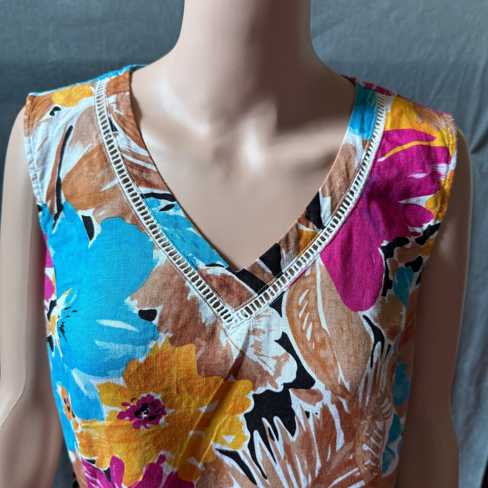 Vintage 90s Choices Multi Floral Linen Tank Dress L Sleeveless Lagenlook Artsy