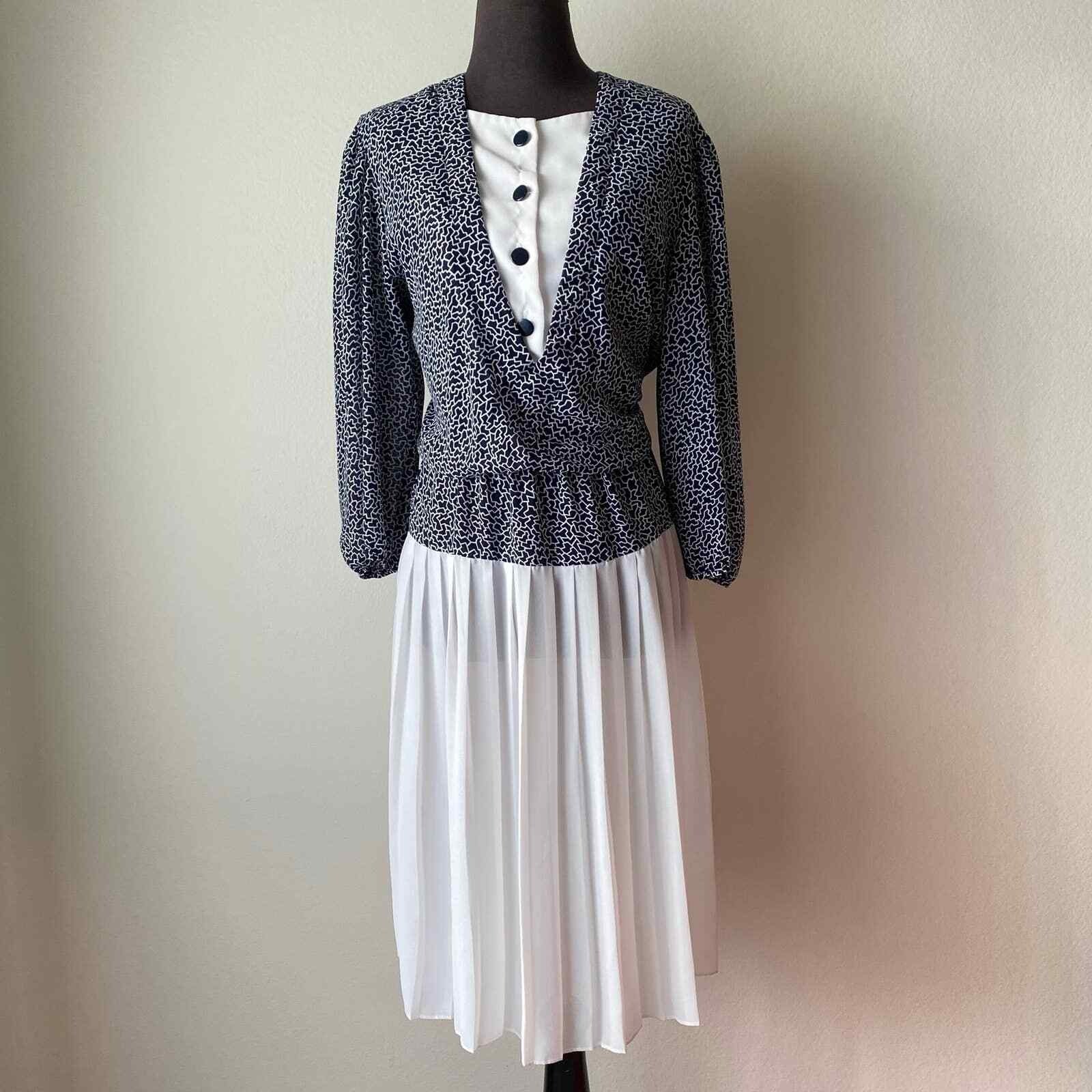 Jamie 12 Navy White Dress Long Sleeve Pleated Skirt Geometric Print Vintage 80s