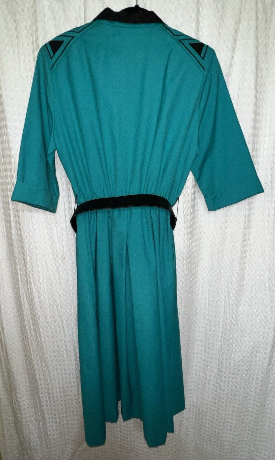 Vintage 1980’s Teal Shirt Dress Shoulder Pads Geometric Excellent Condition