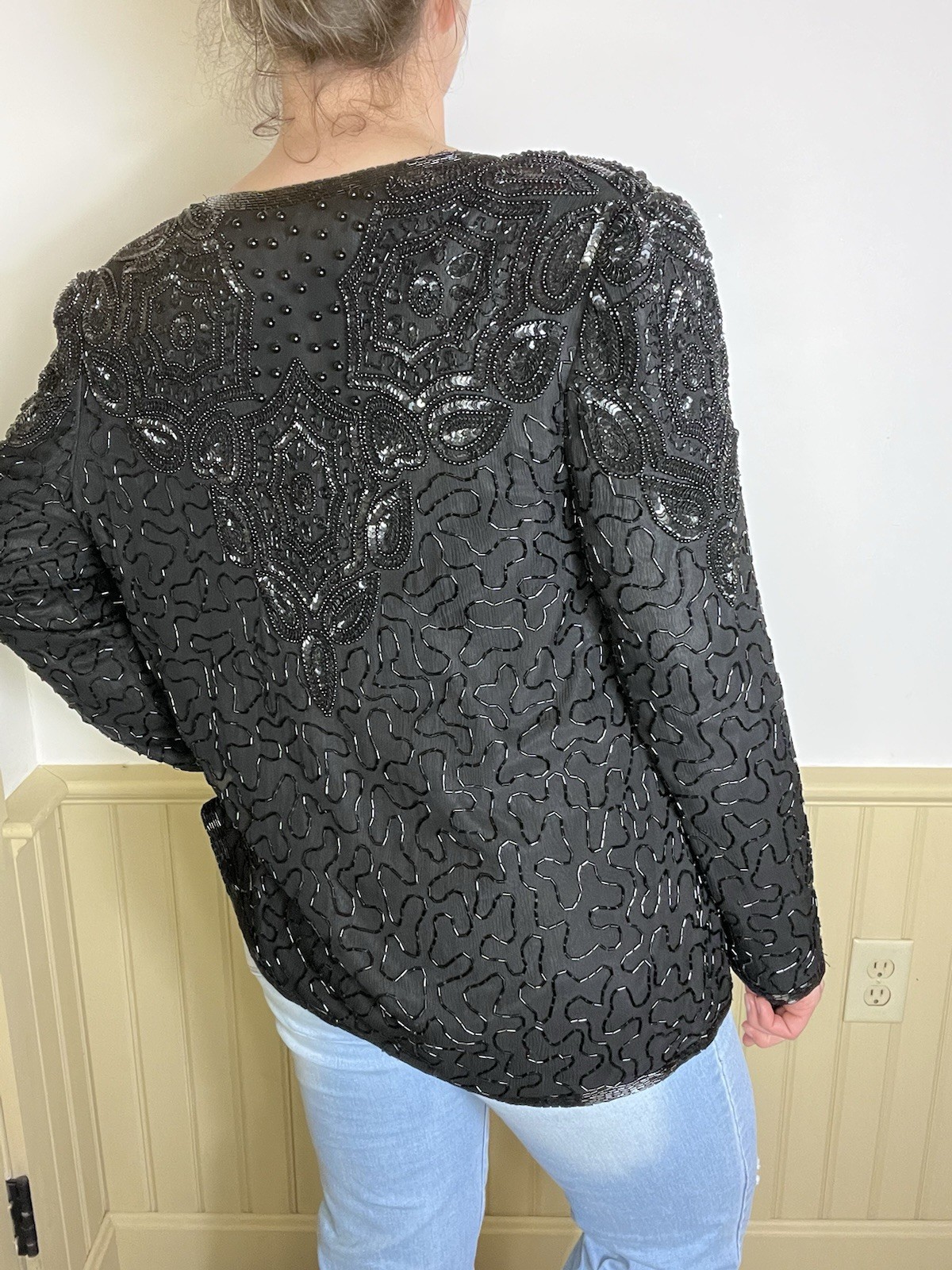 Vintage Adrianna Papell Evening L Black Silk Beaded Jacket Sequins Wedding Party