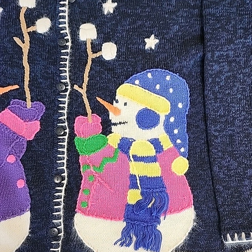 Vintage The Quacker Factory Holiday Christmas Snowman Blue Cardigan Sweater L