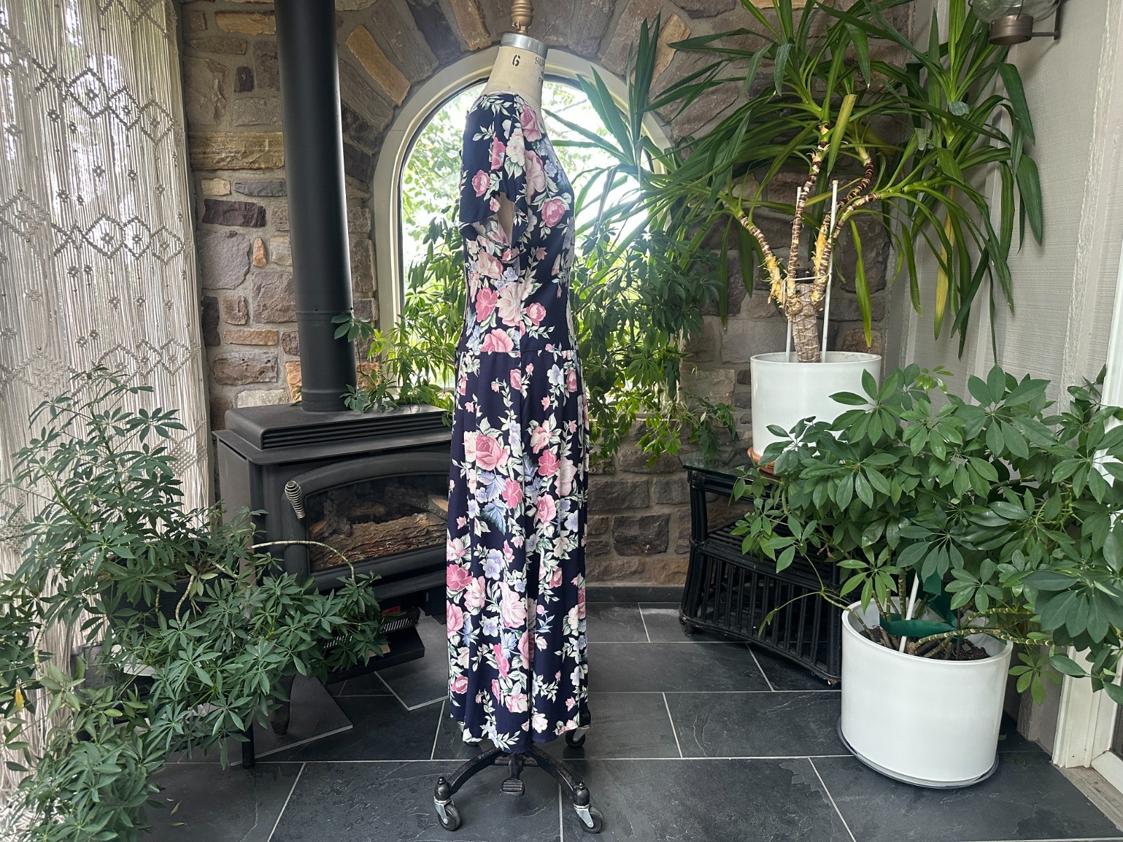 Vintage 1980s Does 1940s Navy Blue and Pink Floral Rayon Drop Waist Dress