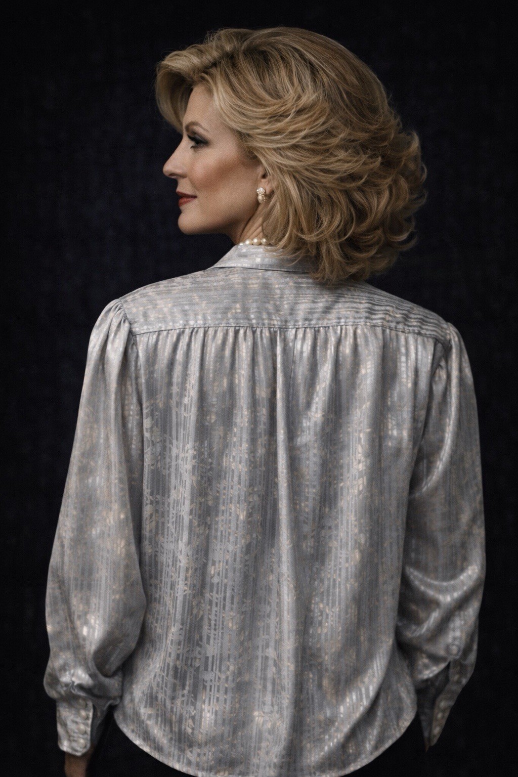 Vintage Silver Jacquard Button Blouse Hidden French Placket Size 16 Easy Care EX