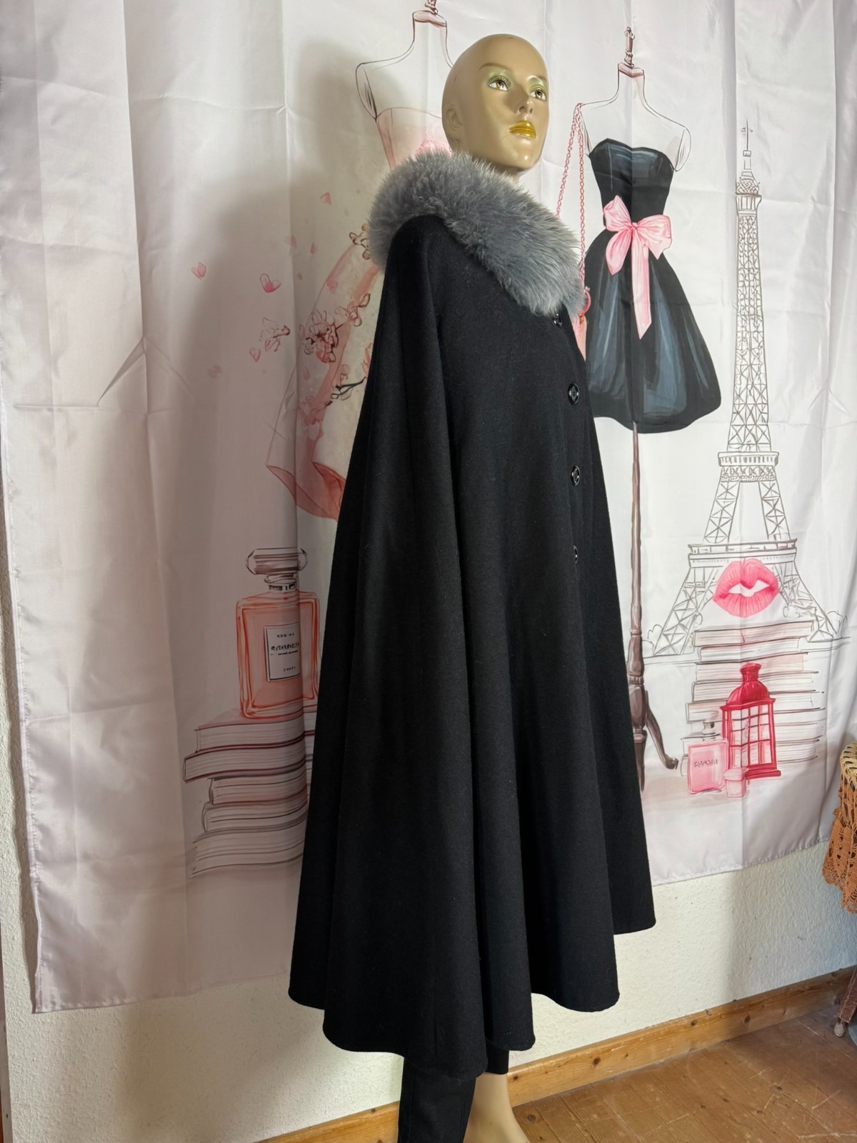✨ Vintage Couture Cape 60s Black Wool Cape Real Fur Collar Old Money XL