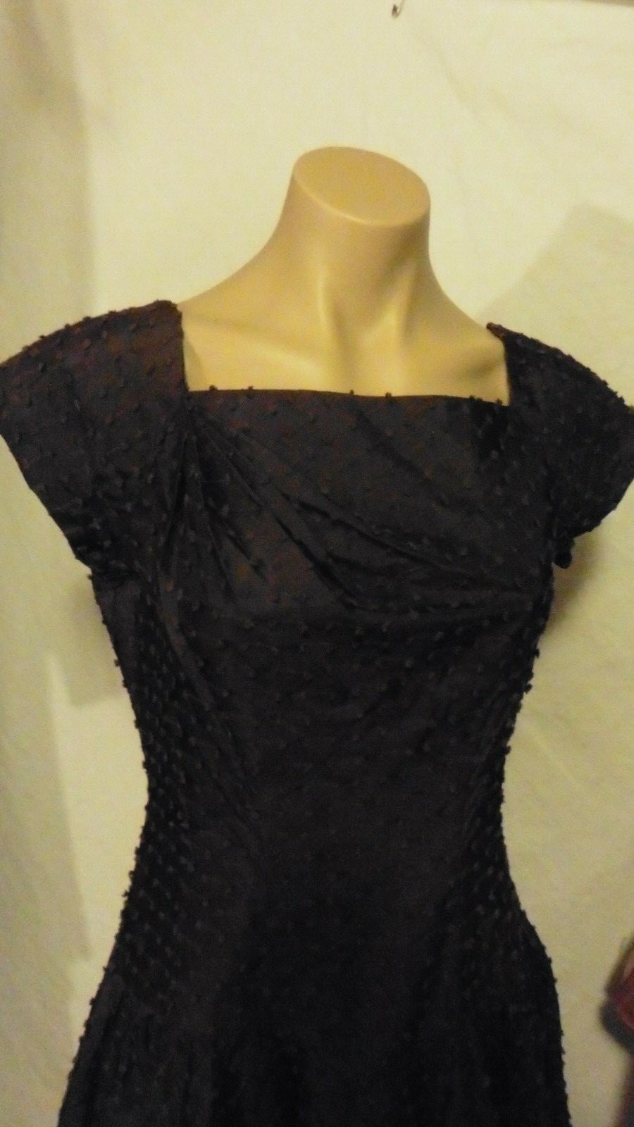 40s Dark Chocolate Brown Drop Waist Tufted Nubby Taffeta Party Dress sz S